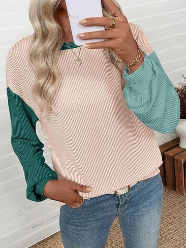 EVALESS Womens Long Sleeve Tops Fall Fashion 2025 Crewneck Color Block Ribbed Knit Casual Loose Fit Pullover Shirts in Saudi Arabia