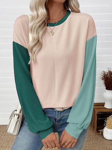 EVALESS Womens Long Sleeve Tops Fall Fashion 2025 Crewneck Color Block Ribbed Knit Casual Loose Fit Pullover Shirts in Saudi Arabia