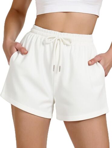Women's Sweat Shorts Sweatshorts Summer Lounge Cotton Drawstring Cute Fleece Shorts with Pockets Athletic Running Active Elastic Jersey French Terry Shorts 2025 Women Cloth Sweatpants Trendy White in Saudi Arabia