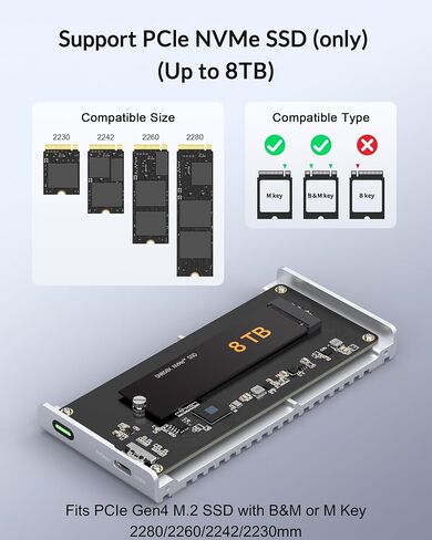 حاوية مسبقة 40 جيجابت في الثانية M.2 NVME SSD ، USB4/Thunderbolt 4 ألومنيوم خارجي NVME العلبة مع تصميم تبريد مقاوم للغبار الزعانف ، يدعم M.2 PCIE SSD حتى 8 تيرابايت （رمادي in Saudi Arabia