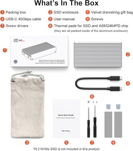 حاوية مسبقة 40 جيجابت في الثانية M.2 NVME SSD ، USB4/Thunderbolt 4 ألومنيوم خارجي NVME العلبة مع تصميم تبريد مقاوم للغبار الزعانف ، يدعم M.2 PCIE SSD حتى 8 تيرابايت （رمادي in Saudi Arabia