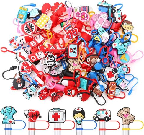 50 PCS ممرضات غطاء القش قبعات متوافقة مع كأس ستانلي ، السيليكون لطيف القطر القابل لإعادة الاستخدام متوافق مع إكسسوارات كأس ستانلي 10 ملم in Kuwait