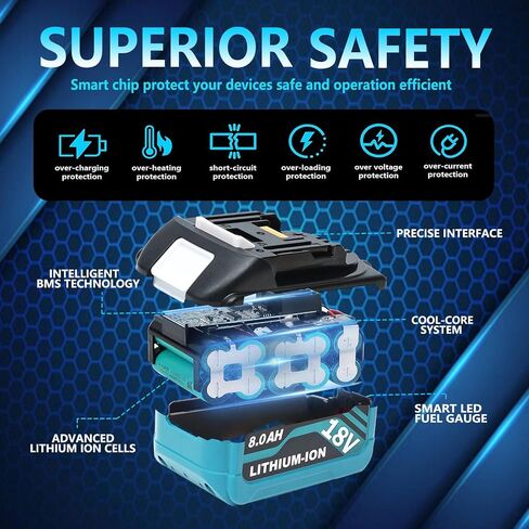 بديل 8.0AH تم ترقيته لبطارية Makita 18V متوافق مع بطاريات Makita 18V BL1860B BL1815B BL1830B BL1850B BL1840B الأدوات اللاسلكية (الأزرق) in Kuwait