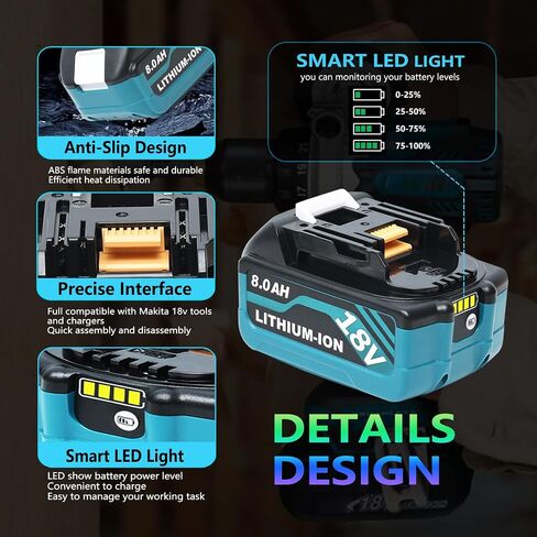 بديل 8.0AH تم ترقيته لبطارية Makita 18V متوافق مع بطاريات Makita 18V BL1860B BL1815B BL1830B BL1850B BL1840B الأدوات اللاسلكية (الأزرق) in Kuwait