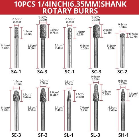 مجموعة Carbide 10pc Carbide Burr 1/4 "Shank Single Cut Die Pits Grinder Pits Tungsten Rotary Cuttary Burrs prics carbide prit for the mlill ، starviving ، expurring ، regring ، ood ood roducs and metals in Kuwait