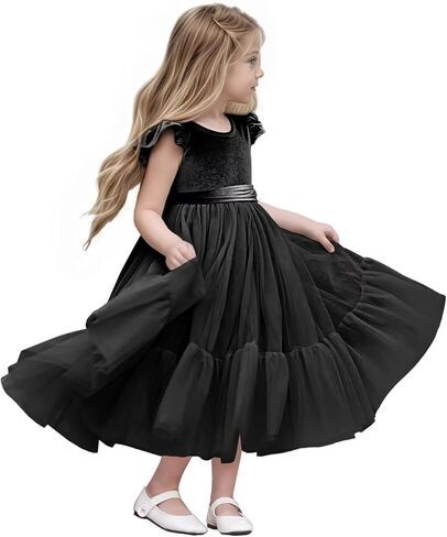 Velvet Tulle Flower Girl Dress for Wedding Kids Princess Pageant Dress Boho Bow-Bow Long Dress Dress Dress Ball Ball Ball in Kuwait