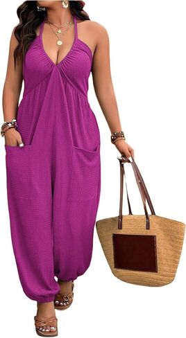 WDIRARA Women's Plus Size Textured Tie Backless Halter Jumpsuit Deep V Neck Sleeveless Pants Romper in Saudi Arabia