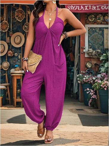 WDIRARA Women's Plus Size Textured Tie Backless Halter Jumpsuit Deep V Neck Sleeveless Pants Romper in Saudi Arabia