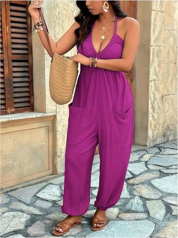 WDIRARA Women's Plus Size Textured Tie Backless Halter Jumpsuit Deep V Neck Sleeveless Pants Romper in Saudi Arabia