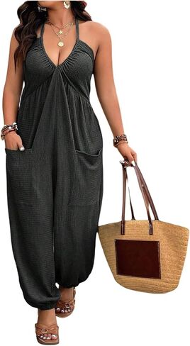 WDIRARA Women's Plus Size Textured Tie Backless Halter Jumpsuit Deep V Neck Sleeveless Pants Romper in Saudi Arabia