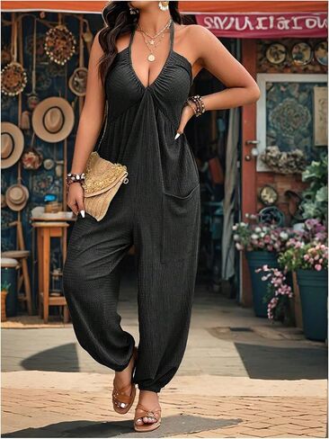 WDIRARA Women's Plus Size Textured Tie Backless Halter Jumpsuit Deep V Neck Sleeveless Pants Romper in Saudi Arabia