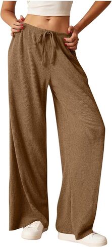 المرأة مضلع واسعة الساق بنطلون طويل وواسع غير رسمي مريح مريح فضفاض لينة متماسكة بيجامة السراويل مع الرباط ملابس خاصة in Kuwait