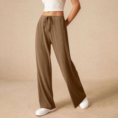 المرأة مضلع واسعة الساق بنطلون طويل وواسع غير رسمي مريح مريح فضفاض لينة متماسكة بيجامة السراويل مع الرباط ملابس خاصة in Kuwait