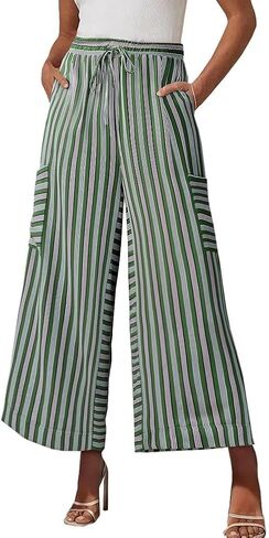 Womens Wide Leg Pants Striped Drawstring High Waist Loose Causal Boho Beach Vacation Palazzo Trousers with Pockets in Saudi Arabia