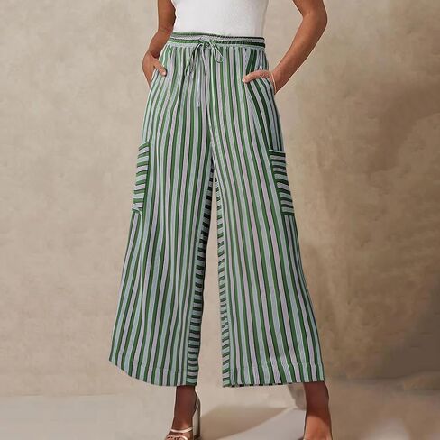 Womens Wide Leg Pants Striped Drawstring High Waist Loose Causal Boho Beach Vacation Palazzo Trousers with Pockets in Saudi Arabia