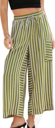 Womens Wide Leg Pants Striped Drawstring High Waist Loose Causal Boho Beach Vacation Palazzo Trousers with Pockets in Saudi Arabia