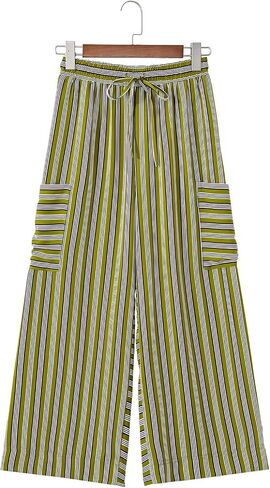 Womens Wide Leg Pants Striped Drawstring High Waist Loose Causal Boho Beach Vacation Palazzo Trousers with Pockets in Saudi Arabia