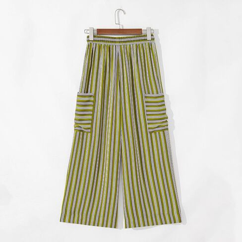 Womens Wide Leg Pants Striped Drawstring High Waist Loose Causal Boho Beach Vacation Palazzo Trousers with Pockets in Saudi Arabia