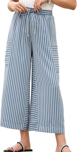 Womens Wide Leg Pants Striped Drawstring High Waist Loose Causal Boho Beach Vacation Palazzo Trousers with Pockets in Saudi Arabia