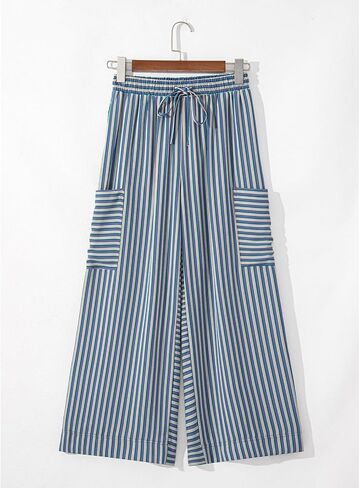 Womens Wide Leg Pants Striped Drawstring High Waist Loose Causal Boho Beach Vacation Palazzo Trousers with Pockets in Saudi Arabia