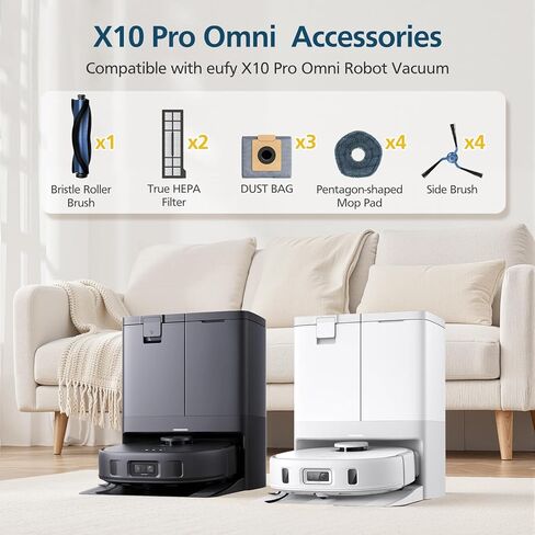 24 Pcs X10 Pro Omni Accessories for eufy X10 Pro Omni Robot Vacuum Accessories Kit, 2 Main Brush+ 4 Hepa Filters+ 4 Mop Pads+ 6 Vacuum Bags+ 6 Side Brushs+ 1 Cleaning Brush+ 1 Screwdriver in Kuwait