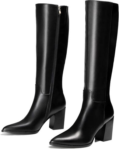 vivianly Women's Wide Knee-High Boots, Pointed Toe Block Heel Zipper, Fashion Retro High Boots in Kuwait