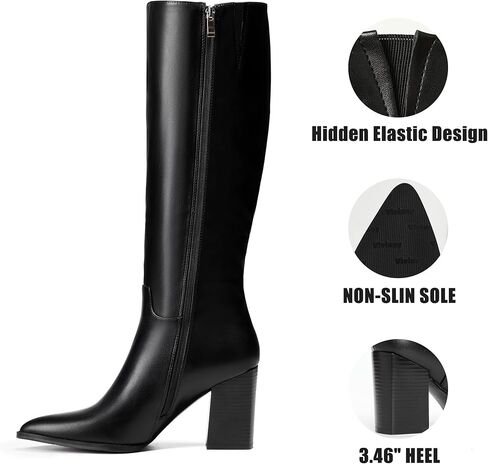 vivianly Women's Wide Knee-High Boots, Pointed Toe Block Heel Zipper, Fashion Retro High Boots in Kuwait