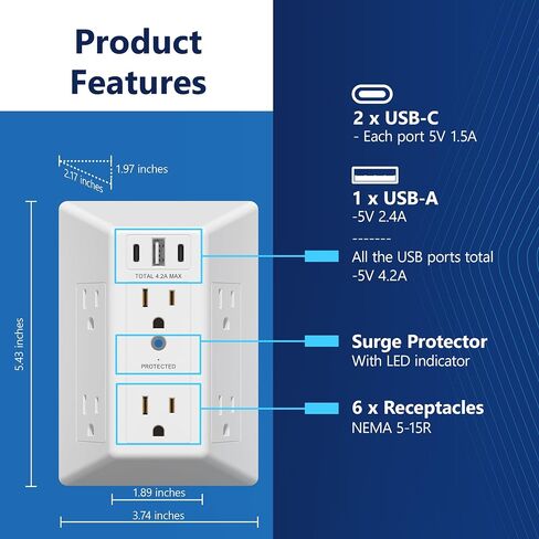LIDER 6-Outlet Surge Expander with PD-36W USB Type A/C, Fast Charging, Surge Protector with LED Indicator, Decorator and Standard (duplex) Receptacles, USB Wall Multi Outlet Extender, UL Listed, White in Kuwait