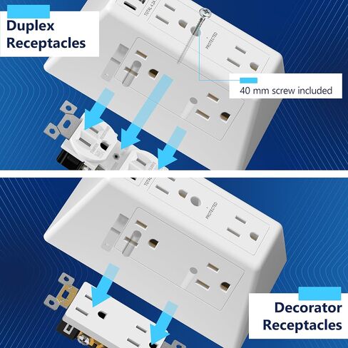 LIDER 6-Outlet Surge Expander with PD-36W USB Type A/C, Fast Charging, Surge Protector with LED Indicator, Decorator and Standard (duplex) Receptacles, USB Wall Multi Outlet Extender, UL Listed, White in Kuwait