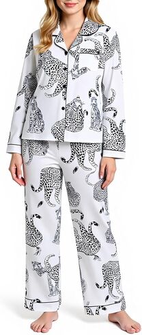 Women's 2 Piece Pajama Sets Print Long Sleeve Button Down Shirt and Pants Sleepwear Sets in Kuwait