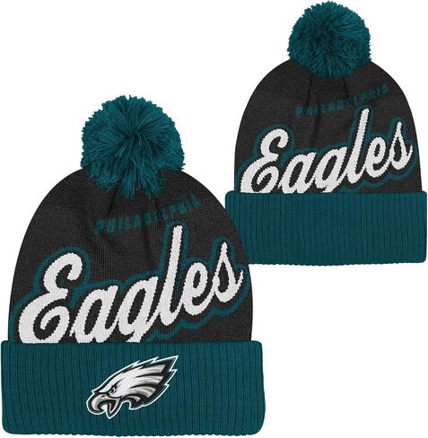 قبعة NFL Kids Youth 8-20 الرسمية للشعار الأساسي Wordmark للطقس البارد محاكة بأساور من Pom Beanie Hat in Kuwait