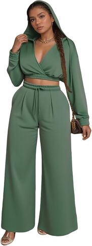 Sweat Suit Women 2 Piece Set 2025 Casual Long Sleeve V Neck Crop Hoodie Loose Wide Leg Sweatpants Fall Tracksuit in Saudi Arabia