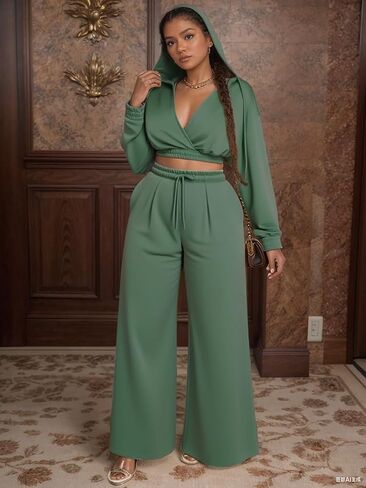 Sweat Suit Women 2 Piece Set 2025 Casual Long Sleeve V Neck Crop Hoodie Loose Wide Leg Sweatpants Fall Tracksuit in Saudi Arabia