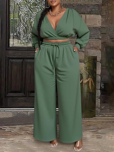Sweat Suit Women 2 Piece Set 2025 Casual Long Sleeve V Neck Crop Hoodie Loose Wide Leg Sweatpants Fall Tracksuit in Saudi Arabia