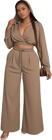 Sweat Suit Women 2 Piece Set 2025 Casual Long Sleeve V Neck Crop Hoodie Loose Wide Leg Sweatpants Fall Tracksuit in Saudi Arabia
