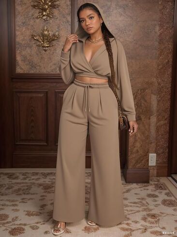 Sweat Suit Women 2 Piece Set 2025 Casual Long Sleeve V Neck Crop Hoodie Loose Wide Leg Sweatpants Fall Tracksuit in Saudi Arabia