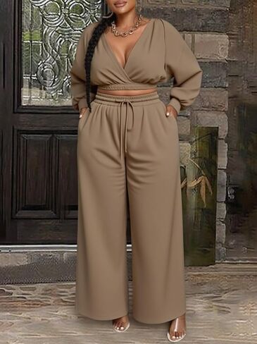 Sweat Suit Women 2 Piece Set 2025 Casual Long Sleeve V Neck Crop Hoodie Loose Wide Leg Sweatpants Fall Tracksuit in Saudi Arabia