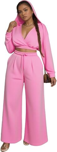 Sweat Suit Women 2 Piece Set 2025 Casual Long Sleeve V Neck Crop Hoodie Loose Wide Leg Sweatpants Fall Tracksuit in Saudi Arabia