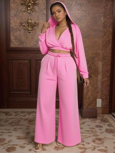 Sweat Suit Women 2 Piece Set 2025 Casual Long Sleeve V Neck Crop Hoodie Loose Wide Leg Sweatpants Fall Tracksuit in Saudi Arabia