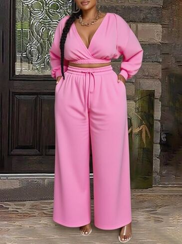 Sweat Suit Women 2 Piece Set 2025 Casual Long Sleeve V Neck Crop Hoodie Loose Wide Leg Sweatpants Fall Tracksuit in Saudi Arabia