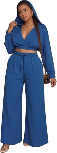 Sweat Suit Women 2 Piece Set 2025 Casual Long Sleeve V Neck Crop Hoodie Loose Wide Leg Sweatpants Fall Tracksuit in Saudi Arabia