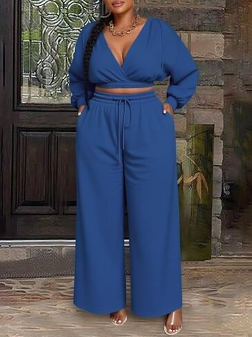 Sweat Suit Women 2 Piece Set 2025 Casual Long Sleeve V Neck Crop Hoodie Loose Wide Leg Sweatpants Fall Tracksuit in Saudi Arabia