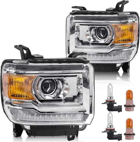 مجموعة المصباح المتوافق مع GMC Sierra 2014-2018 1500 | 2015-2019 2500HD/3500HD BASE/DENALI/SLE/SLT ، استبدال المصابيح الأمامية الهالوجين W/O LED DRL ، مع لمبات ، عاكس مكمور Chrome. in Saudi Arabia