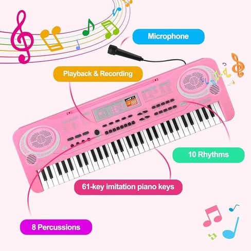 لوحة مفاتيح البيانو للأطفال المبتدئين، لوحات مفاتيح البيانو الرقمية الكهربائية المحمولة، 61 لعبة الآلات الموسيقية الرئيسية مع ميكروفون، هدايا عيد الميلاد وأعياد الميلاد للفتيات والأولاد in Kuwait