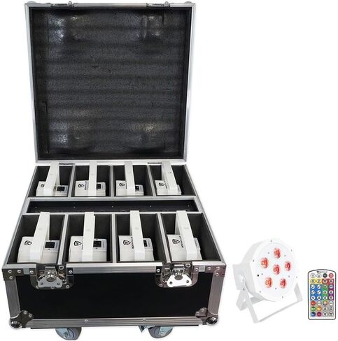 Rockville Battery Par Pack 61 8 RGBWA+UV PAR LIGHTS BARDERNY مع حالة شحن الطيران ، DMX & IR عن بعد ، بطارية مدتها 15 ساعة ، وضع Master/Slave ، تنشيط صوتي وصوت ، مثالي للأحداث و DJ in Kuwait