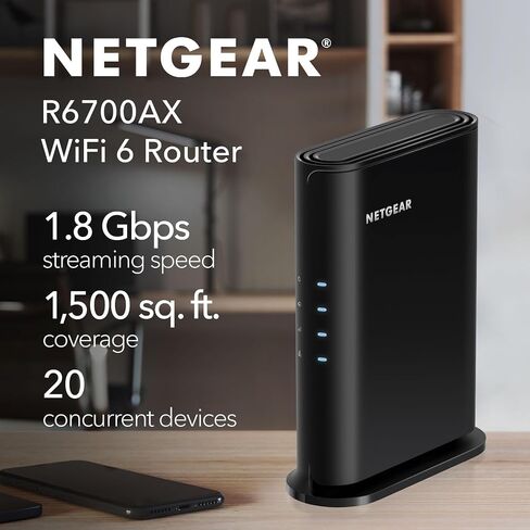 NetGear WiFi 6 Router (R6700AXV3) - ميزات الأمان ، السرعة اللاسلكية AX1800 (تصل إلى 1.8 جيجابت في الثانية) - تغطي ما يصل إلى 1500 قدم مربع ، 20 جهازًا in Kuwait