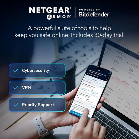 NetGear WiFi 6 Router (R6700AXV3) - ميزات الأمان ، السرعة اللاسلكية AX1800 (تصل إلى 1.8 جيجابت في الثانية) - تغطي ما يصل إلى 1500 قدم مربع ، 20 جهازًا in Kuwait