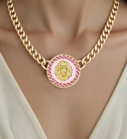 Women's Hip Hop Basketball Wives Lion Head Chunky Chain Choker Necklace Crystal Statement Linked Necklace Party Costume Outfit Cocktail Animal Jewelry in Kuwait