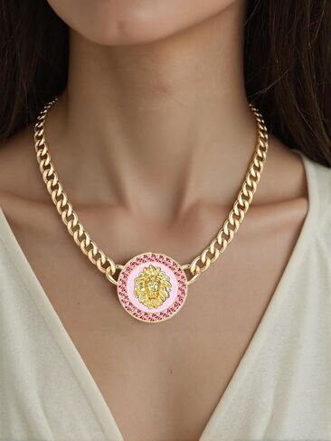 Women's Hip Hop Basketball Wives Lion Head Chunky Chain Choker Necklace Crystal Statement Linked Necklace Party Costume Outfit Cocktail Animal Jewelry in Kuwait