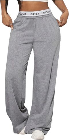 OYOANGLE Girl's Letter Tape Elastic Waist Wide Leg Sweatpants Y2K Workout Baggy Pants with Pocket in Saudi Arabia